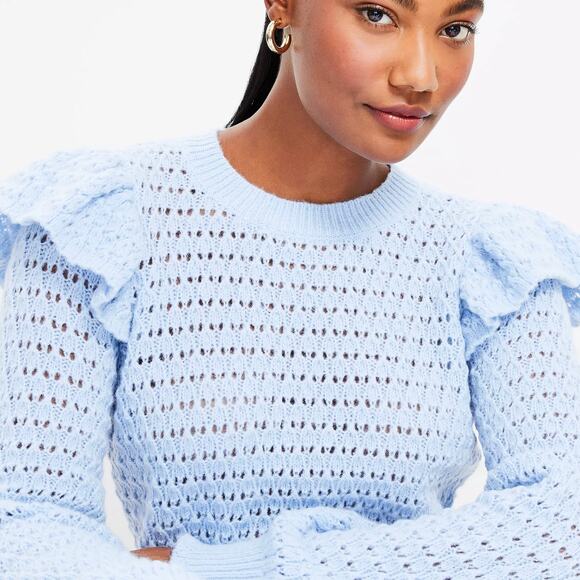 LOFT Sweaters - Ann Taylor LOFT Blue Pointelle Lace Knit Ruffle Feminine Long Sleeve Sweater NWT